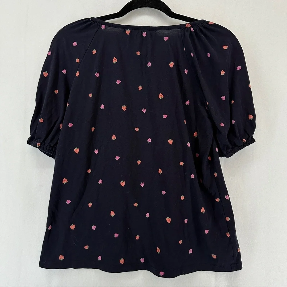 Loft Strawberry Print‎ Shirred Puff Sleeve Scoop Neck Top Size S